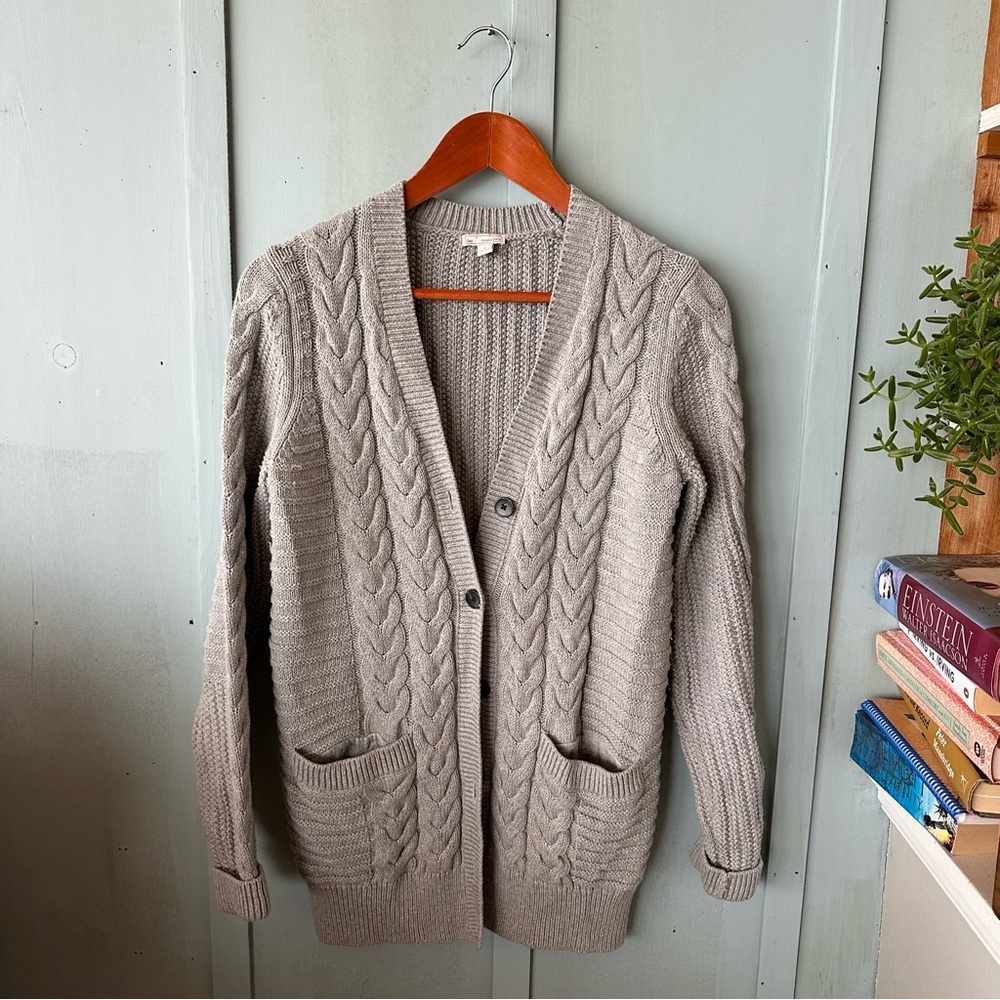 Gray Cable Knit Wool Cotton Blend Cardigan Sweater Size Small Oversized - Picture 3 of 10
